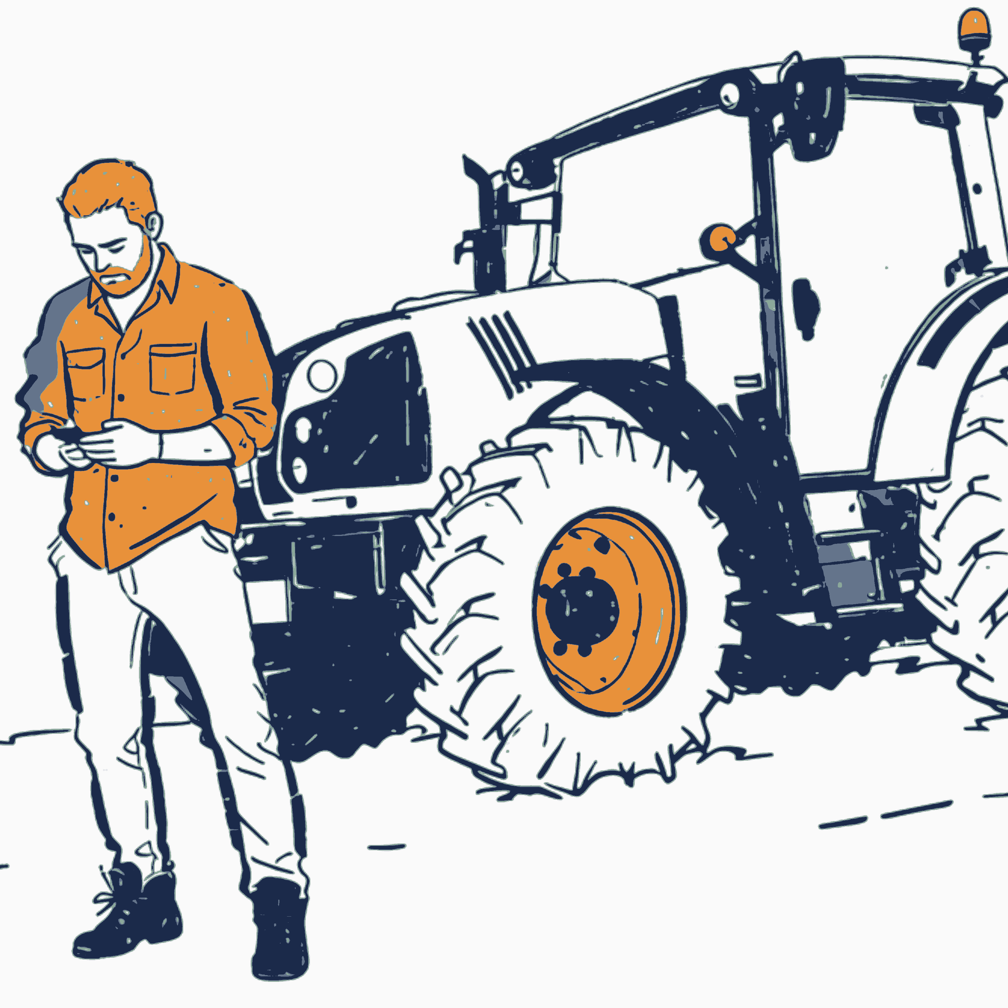Farmer in an amber shirt checking his phone beside a tractor in a field.